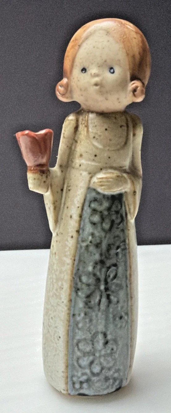 Vtg Uctci Pottery Stoneware Figurine Candle Holder Woman Girl Red Bell Flower